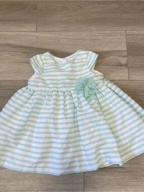 Marmellata Blue & White Striped Party Dress with Floral Waist Accent